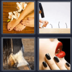 4 fotos 1 palabra pies, martillo, pezuñas de caballo, labios rojos