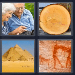 4 fotos 1 palabra ancianos - tronco de madera, pirámides...