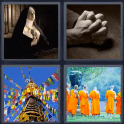 4 fotos 1 palabra monja rezando, banderas de colores, monjes budistas