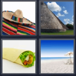 4 fotos 1 palabra sombrero mexicano, pirámide, playa, taco