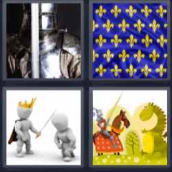 4 fotos 1 palabra armadura, bandera, caballero, rey