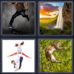 4 fotos 1 palabra chico saltando, cascada, gato saltando