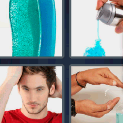 Respuesta 4 fotos 1 palabra líquido azul y verde, chico tocando su pelo, lavando las manos, spray con gel o jabón azul.