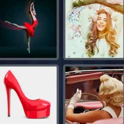 4 fotos 1 palabra zapato de tacón rojo